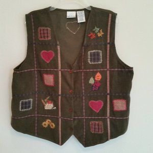 BOBBIE BROOKS XL VINTAGE DK GREEN FALL COTTON CORDUROY VEST COTTAGECORE HEARTS